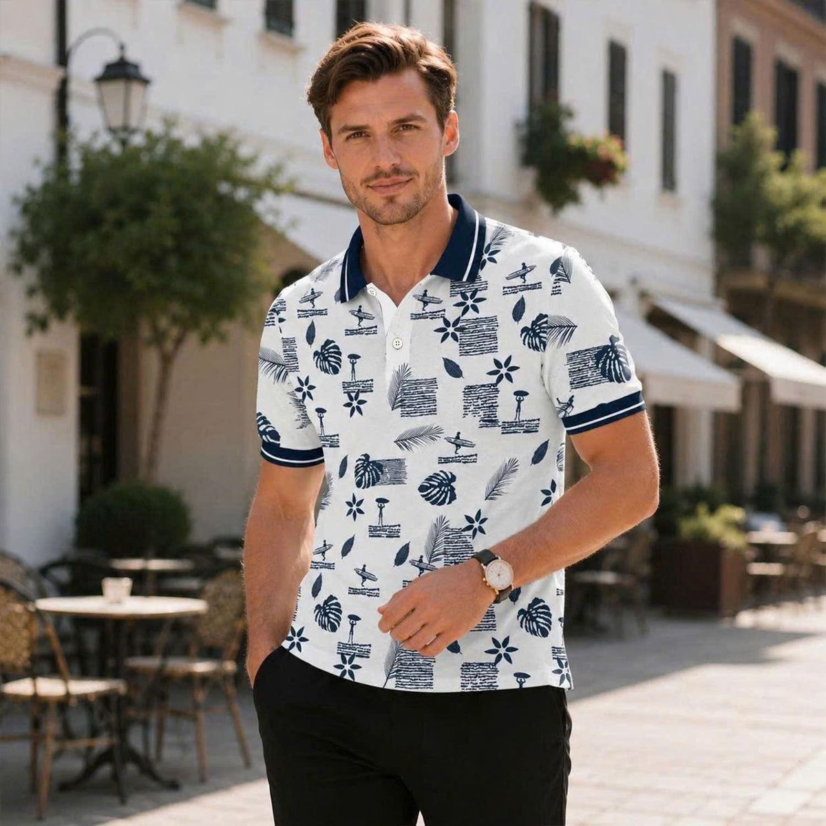 Tropical Print Polo Shirt, Surf Style Pattern, Beach Summer Top