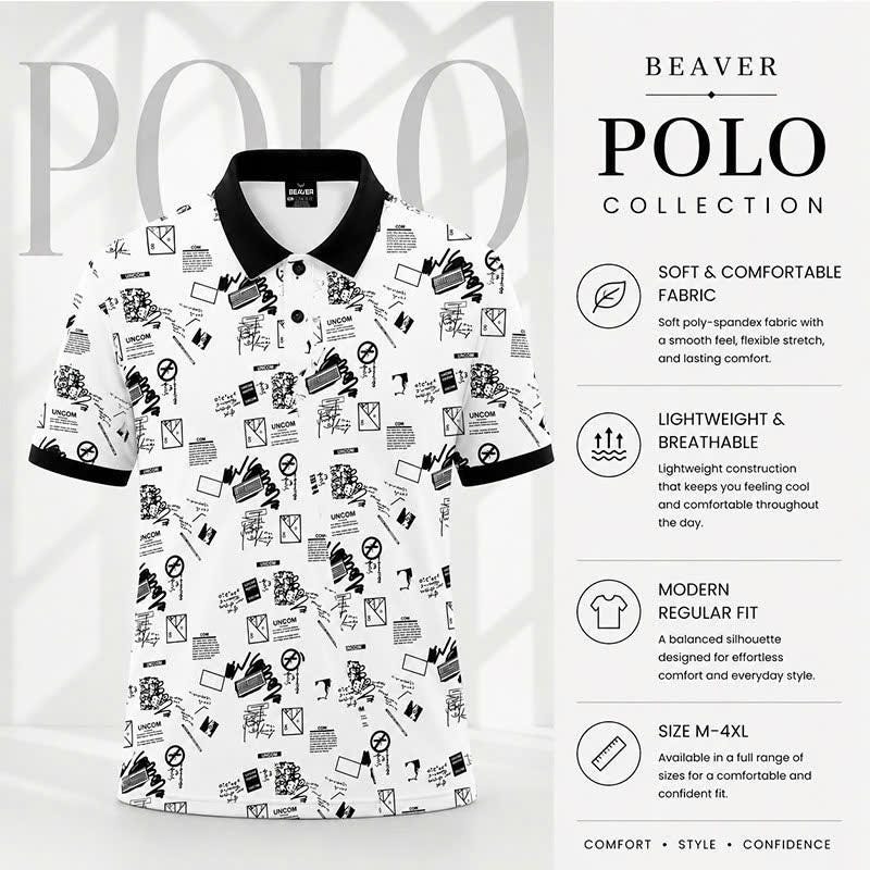 Urban Graffiti Polo Shirt, Black and White Abstract Print, Casual Short Sleeve Collared Shirt