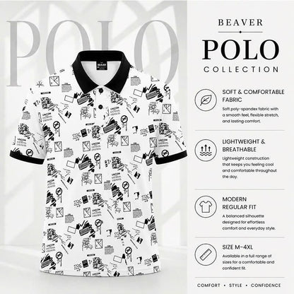 Urban Graffiti Polo Shirt, Black and White Abstract Print, Casual Short Sleeve Collared Shirt