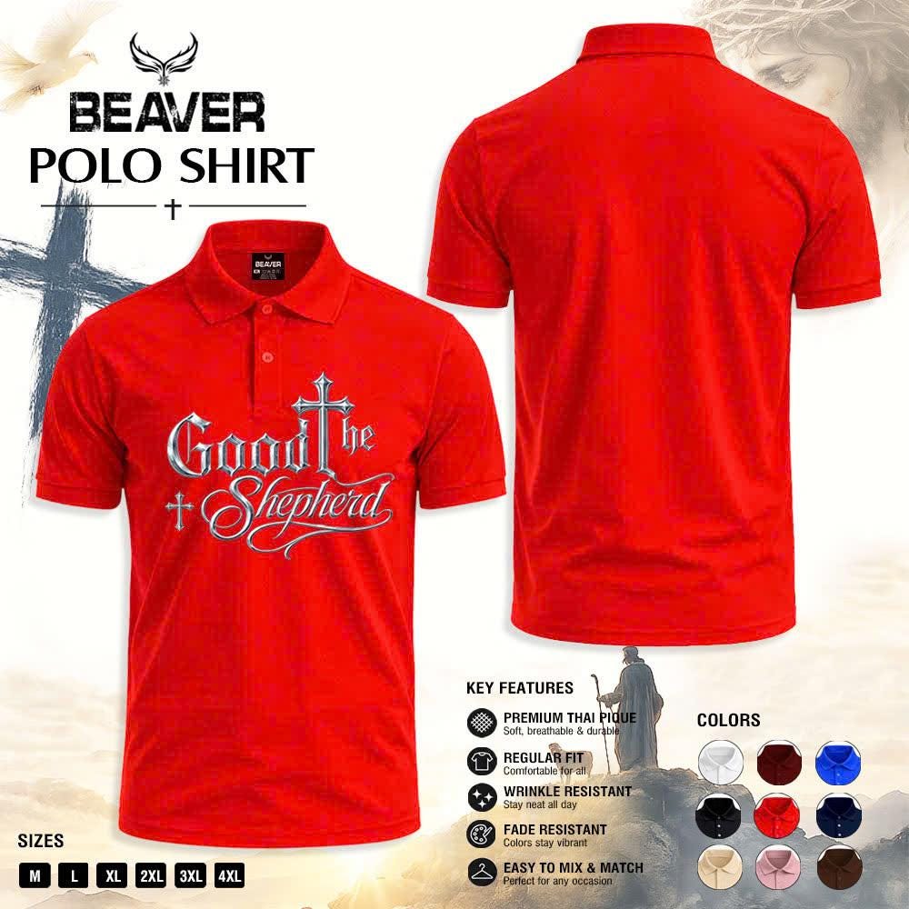 Good Shepherd Polo Shirt, Silver Cross Design, Men's Religious Golf Shirt