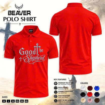 Good Shepherd Polo Shirt, Silver Cross Design, Men's Religious Golf Shirt
