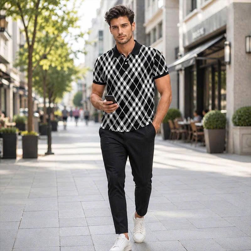 Black & White Argyle Polo Shirt, Geometric Plaid Print, Casual Short Sleeve Collared Shirt