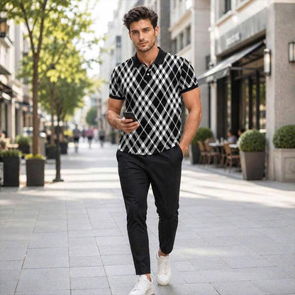 Black & White Argyle Polo Shirt, Geometric Plaid Print, Casual Short Sleeve Collared Shirt