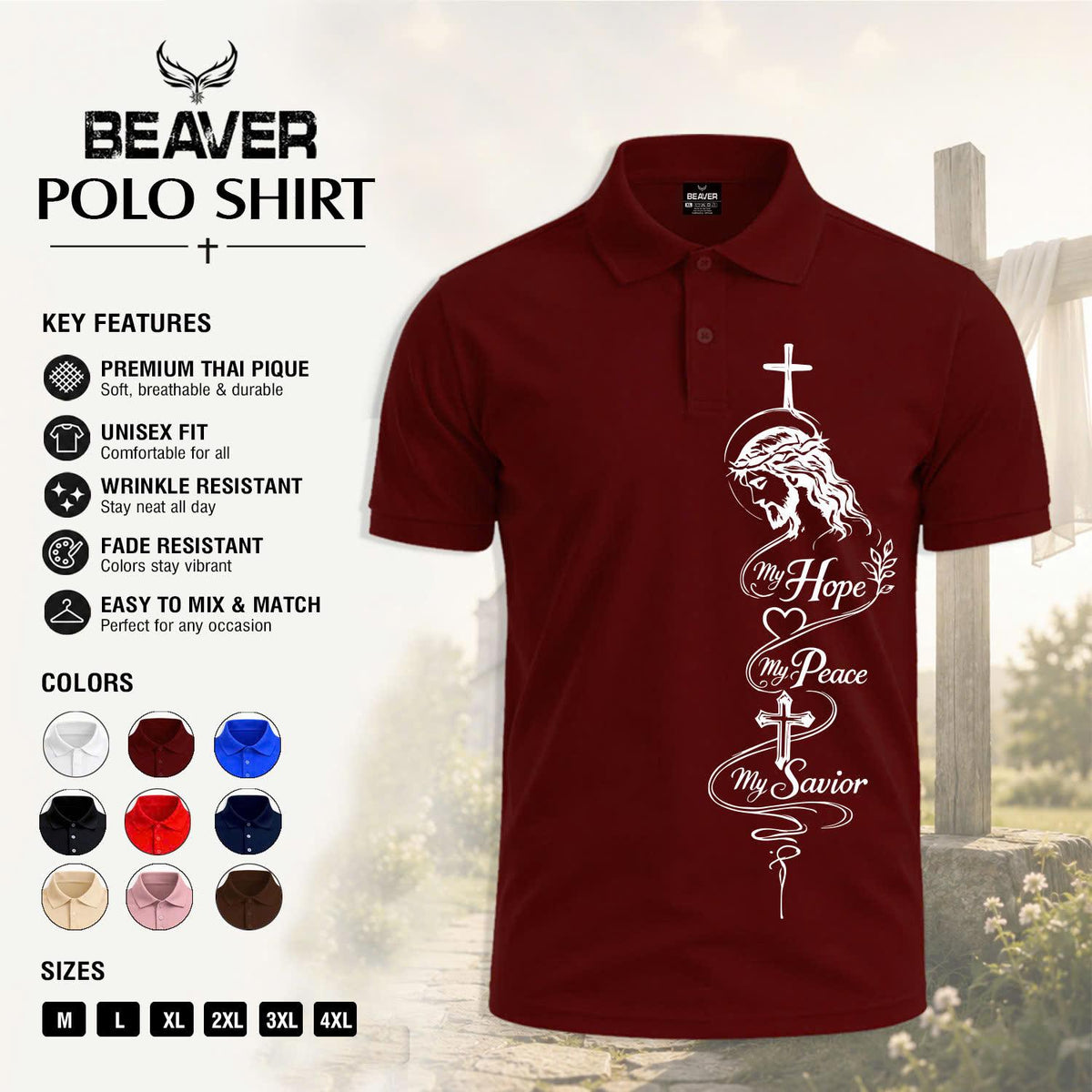Hope Peace Savior Cross Graphic Polo Shirt, Men's Casual Short Sleeve Top, Christian Design