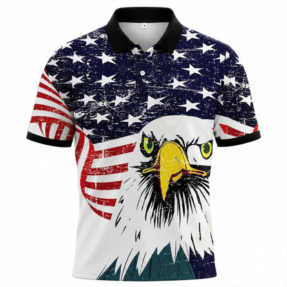 Vintage Distressed American Flag Eagle Polo Shirt, Patriotic USA Style Top