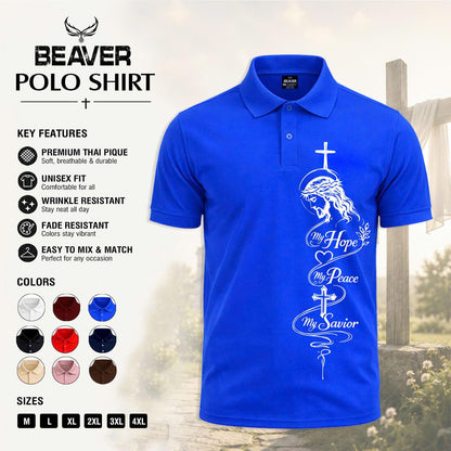 Hope Peace Savior Cross Graphic Polo Shirt, Men's Casual Short Sleeve Top, Christian Design