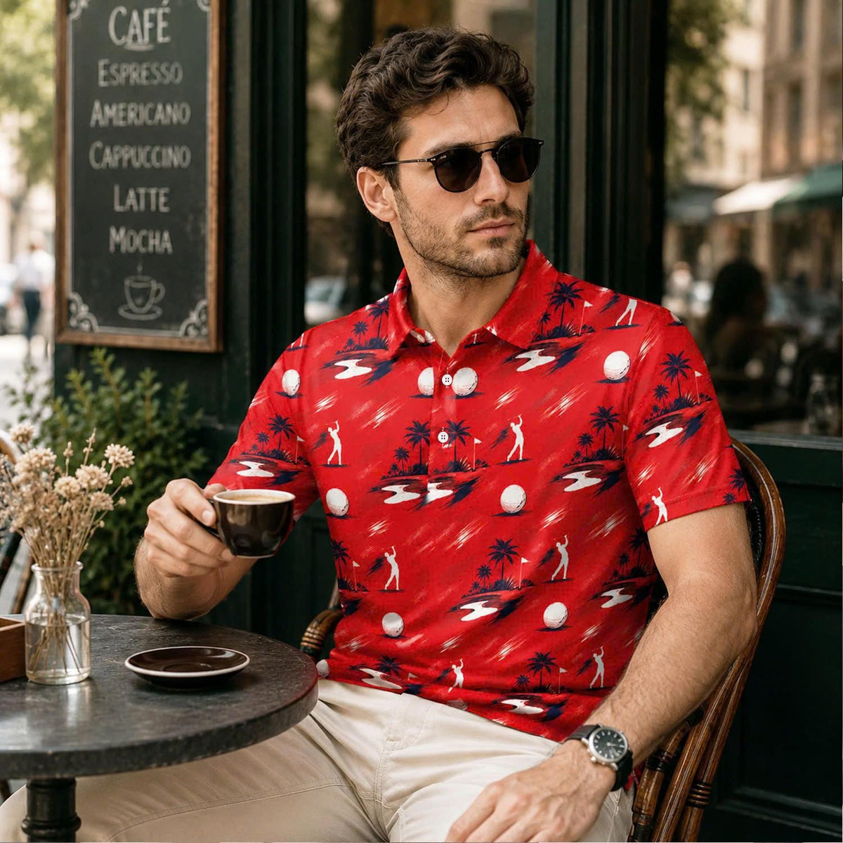 Men's Tropical Golf Polo Shirt – Red Palm Tree & Golfer Print Athletic Apparel