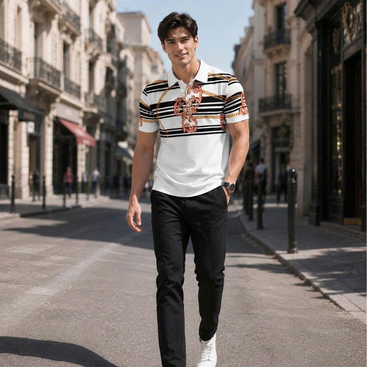 Vintage Baroque Chain Polo Shirt, Luxury Stripe Pattern, Unisex Fashion Top