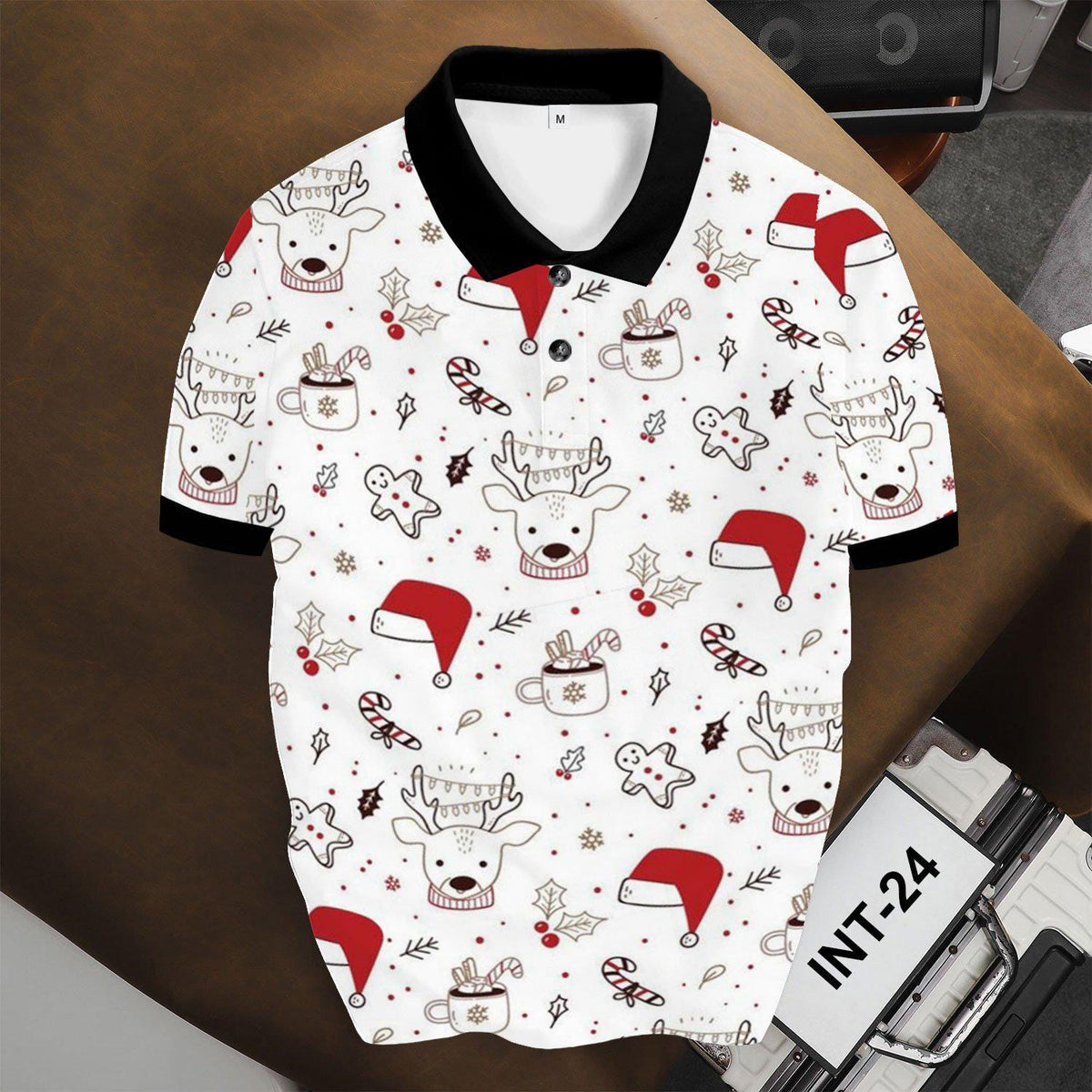 Mens Christmas Polo Shirt, Reindeer Santa Hat Print, Festive Holiday Outfit