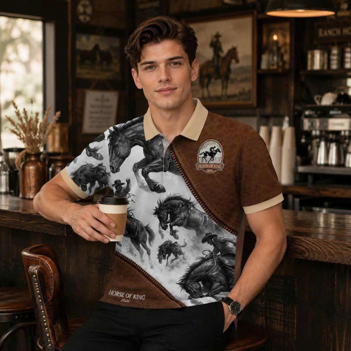 Wild Horse Western Polo Shirt, Cowboy Riding Print, Casual Short Sleeve Collared Shirt