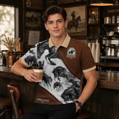 Wild Horse Western Polo Shirt, Cowboy Riding Print, Casual Short Sleeve Collared Shirt