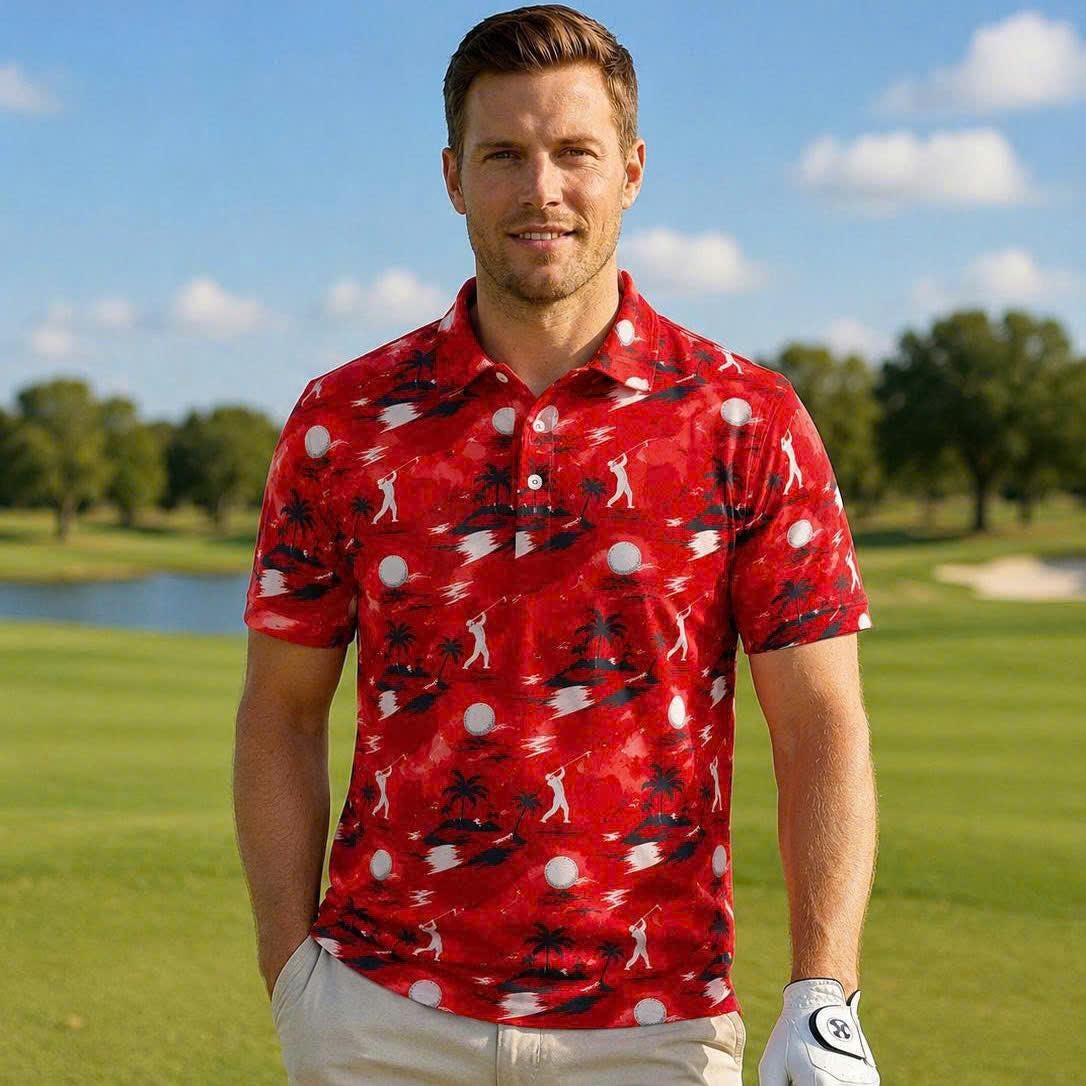 Men's Tropical Golf Polo Shirt – Red Palm Tree & Golfer Print Athletic Apparel