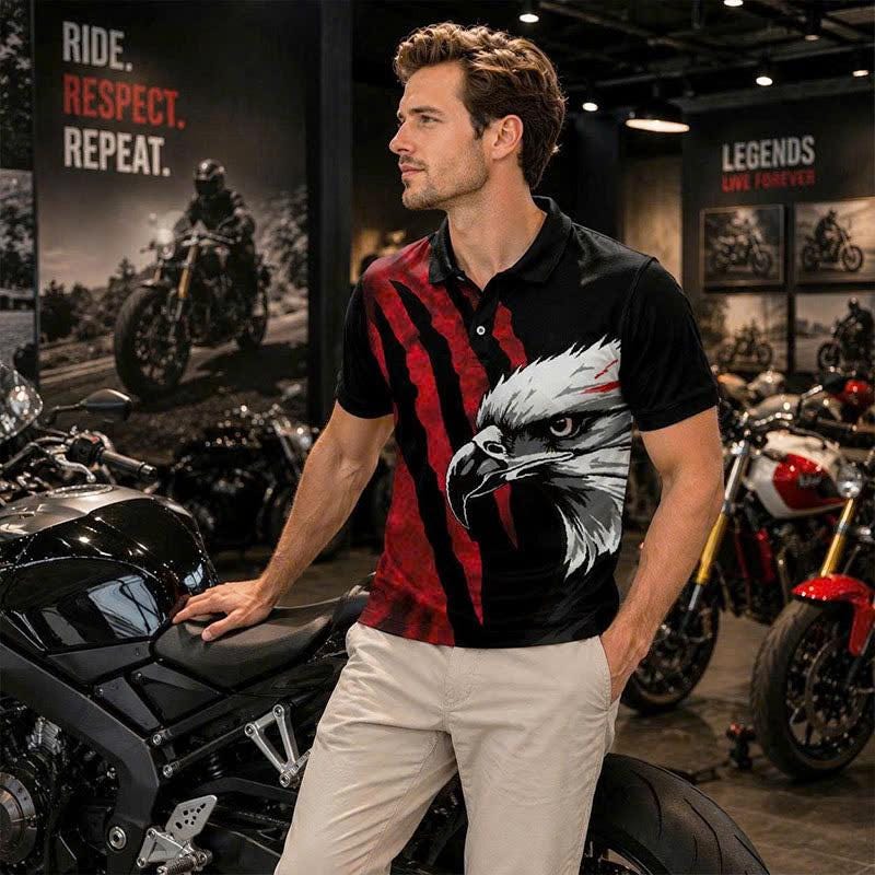 Bald Eagle Graphic Polo Shirt, Red Claw Mark Print, Casual Short Sleeve Collared Shirt