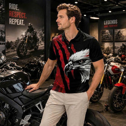 Bald Eagle Graphic Polo Shirt, Red Claw Mark Print, Casual Short Sleeve Collared Shirt