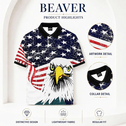 Vintage Distressed American Flag Eagle Polo Shirt, Patriotic USA Style Top