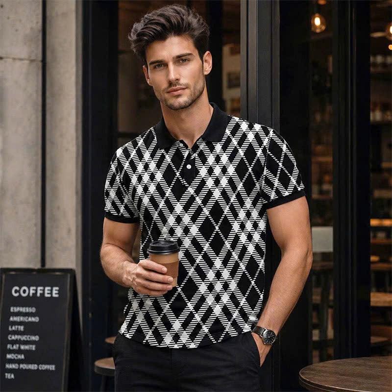 Black & White Argyle Polo Shirt, Geometric Plaid Print, Casual Short Sleeve Collared Shirt