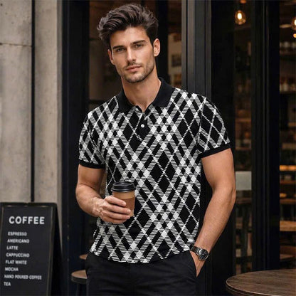 Black & White Argyle Polo Shirt, Geometric Plaid Print, Casual Short Sleeve Collared Shirt