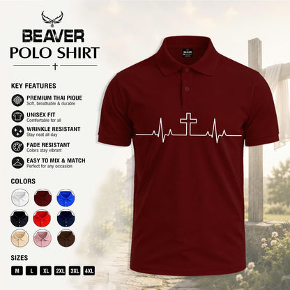 Heartbeat Cross Polo Shirt, Faith Inspired Design, Men's Casual Short Sleeve Top