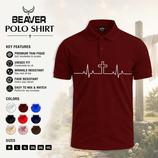 Heartbeat Cross Polo Shirt, Faith Inspired Design, Men's Casual Short Sleeve Top