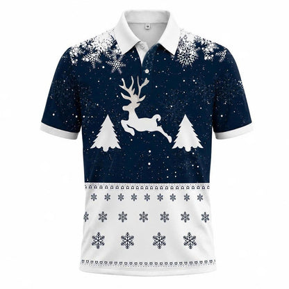 Men's Christmas Reindeer Polo Shirt, Blue Snowflake Holiday Tee