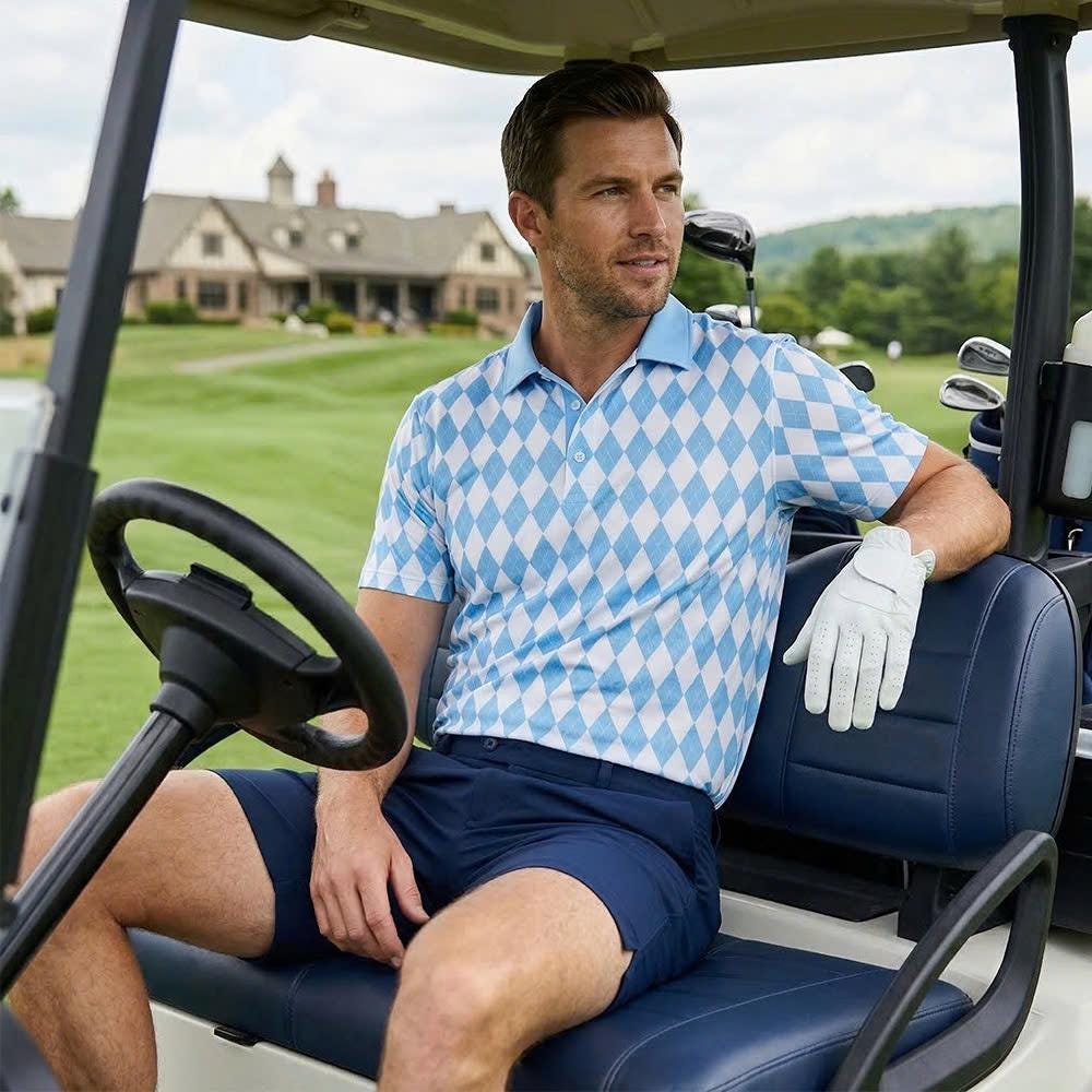 Men’s Athletic Golf Polo 05 – Light Blue Diamond Harlequin Pattern Polo Shirt