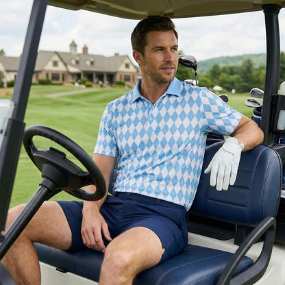 Men’s Athletic Golf Polo 05 – Light Blue Diamond Harlequin Pattern Polo Shirt