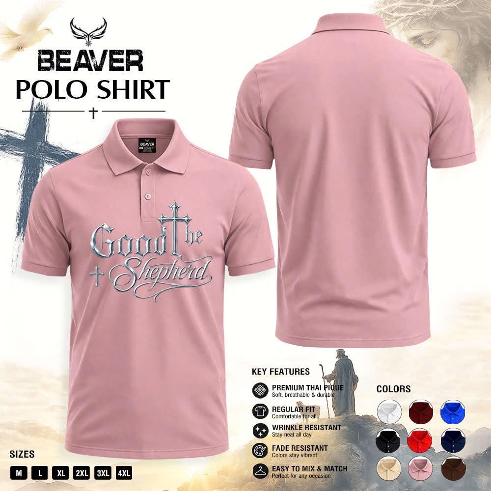 Good Shepherd Polo Shirt, Silver Cross Design, Men's Religious Golf Shirt