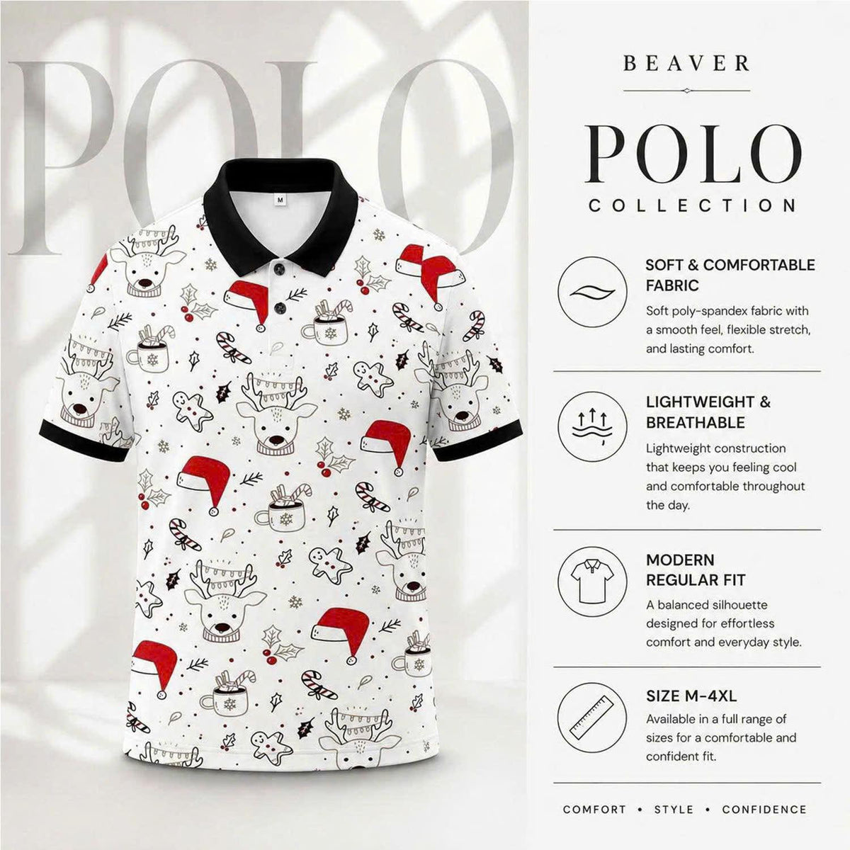 Mens Christmas Polo Shirt, Reindeer Santa Hat Print, Festive Holiday Outfit