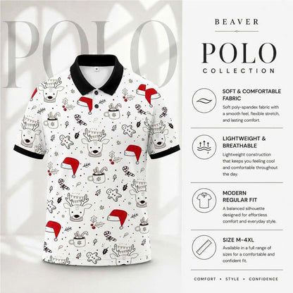 Mens Christmas Polo Shirt, Reindeer Santa Hat Print, Festive Holiday Outfit