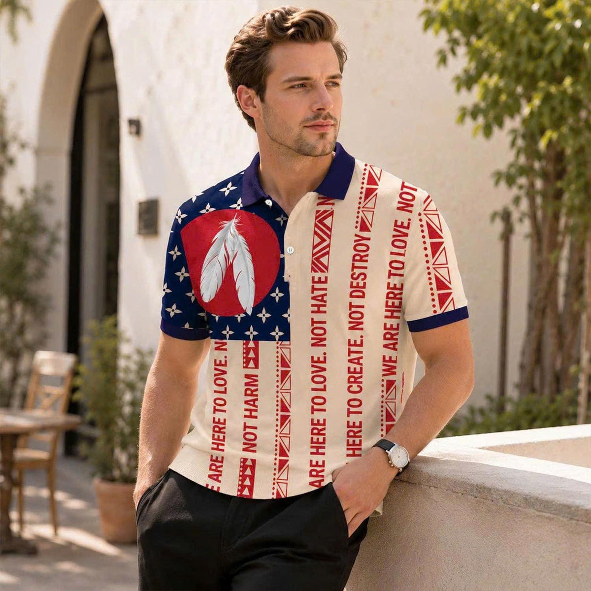 Tribal Feather Polo Shirt, Native Inspired Pattern, Western Style Top