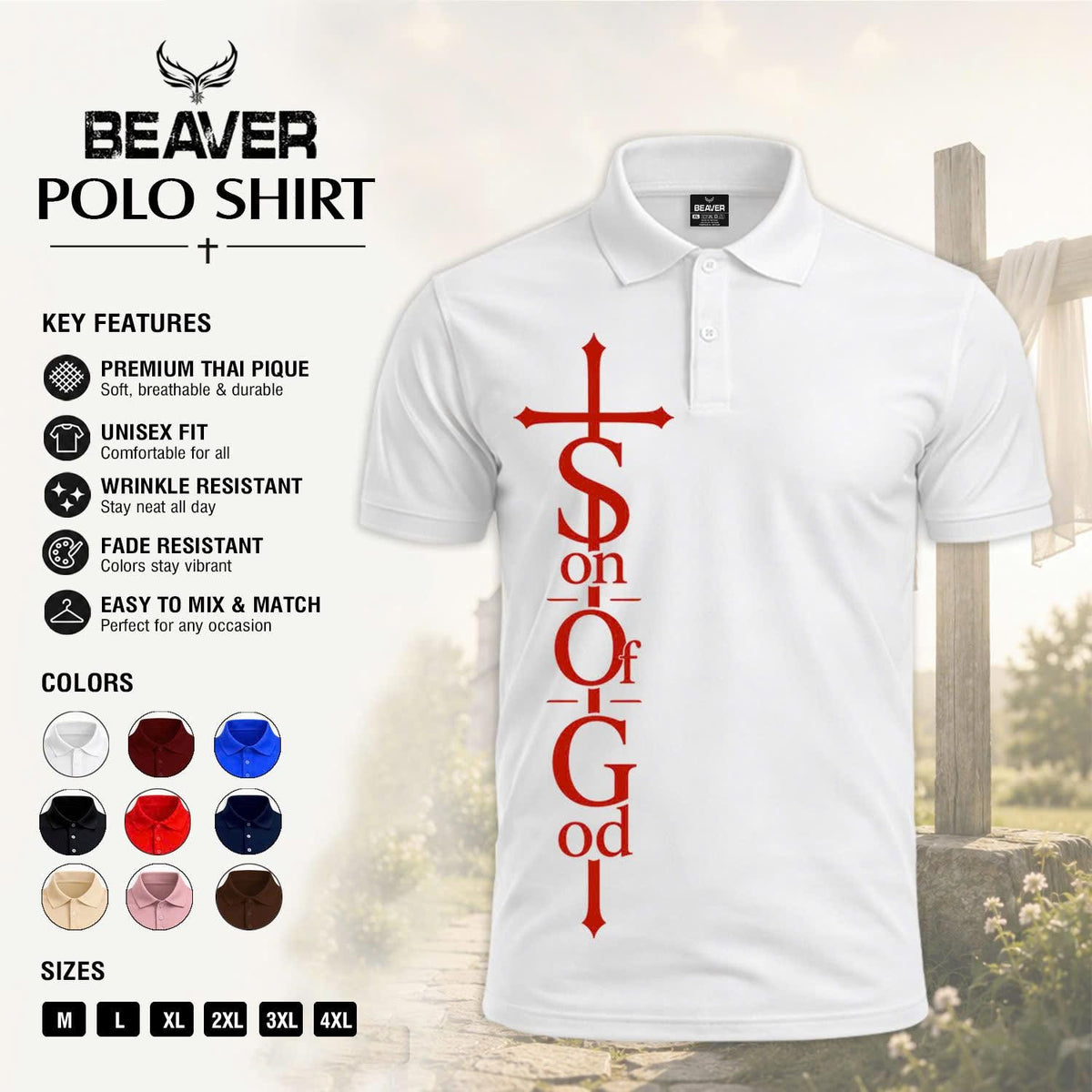 Son of God Cross Graphic Polo Shirt, Men's Casual Top, Vintage Christian Design