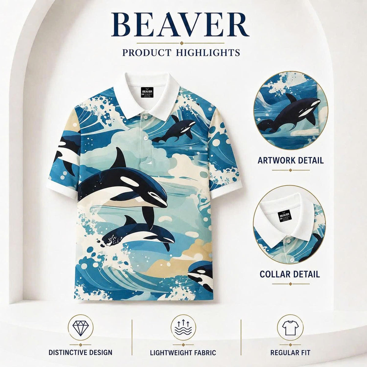 Orca Polo Shirt – Killer Whale Ocean Wave Print Hawaiian Beach Polo Top