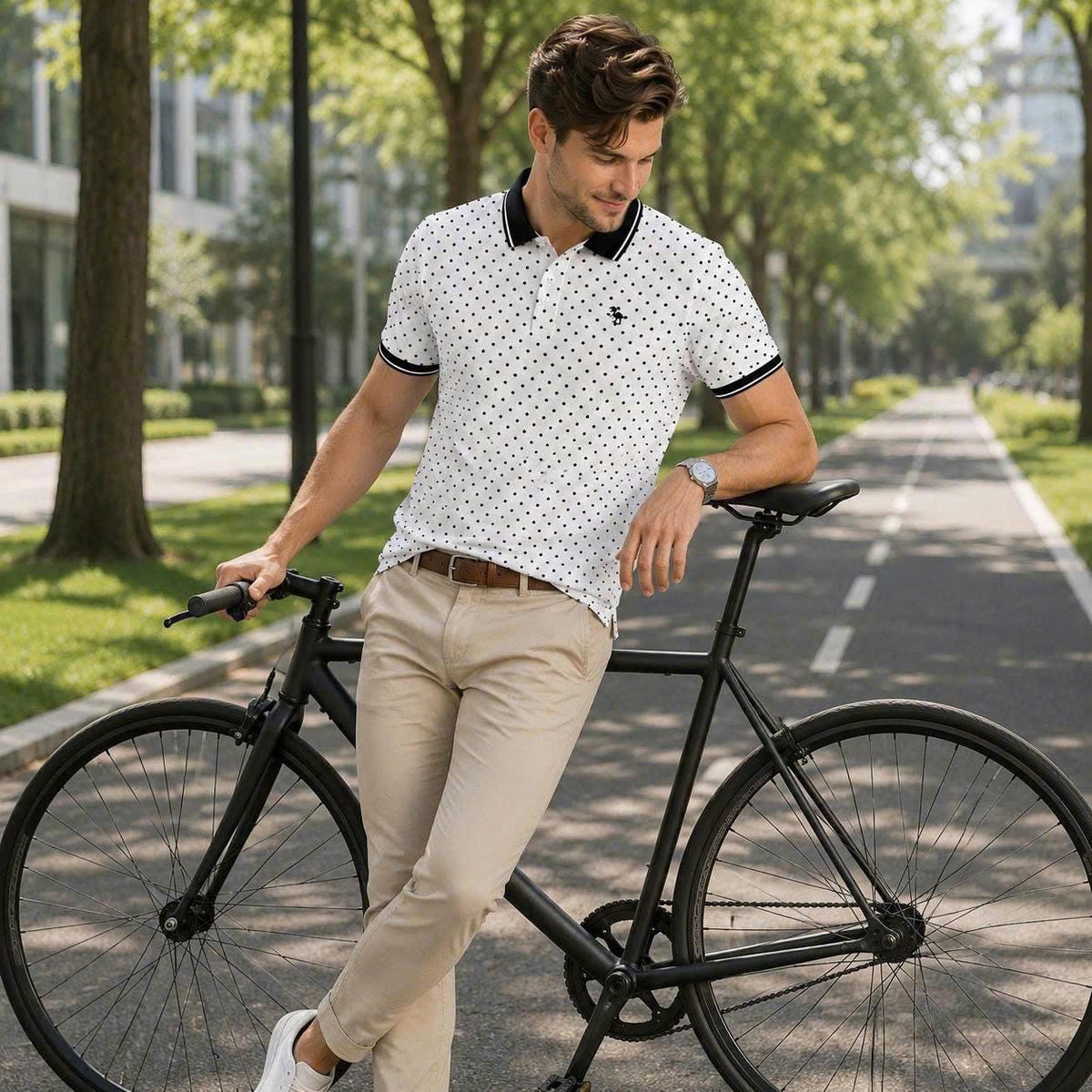 Polka Dot Polo Shirt, Classic Black & White Print, Casual Short Sleeve Collared Shirt