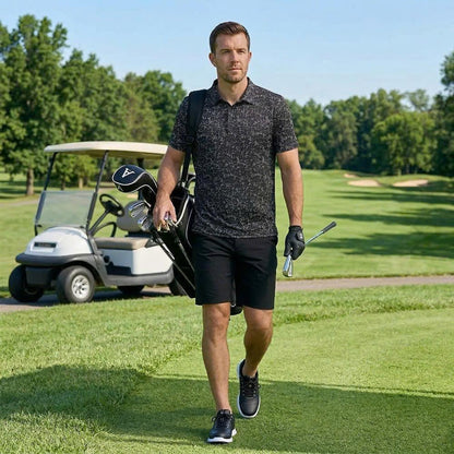 Men’s Athletic Golf Polo 11 – Black Star and Lightning Bolt Pattern Polo Shirt