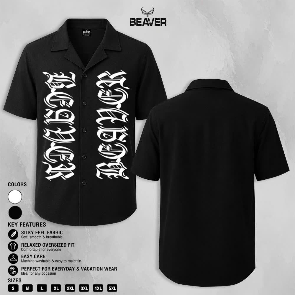 Gothic Letter Graphic Shirt, Bold Old English Typography, Casual Short Sleeve Button Up Shirt