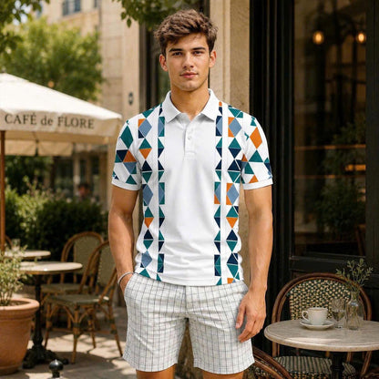Men's Modern Polo Shirt, Abstract Triangle Print, Summer Outfit