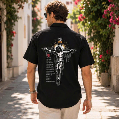 Crucifix Faith Graphic Button-Up Shirt, Religious Cross Print, Unisex Short Sleeve Shirt, Christian Gift