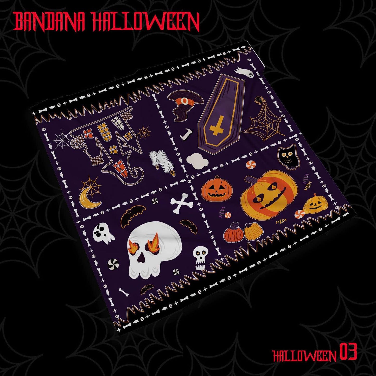 Halloween Bandana Scarf – Spooky Ghosts, Skulls, Pumpkins Print – Square Headband, Dog Scarf, Costume Accessory