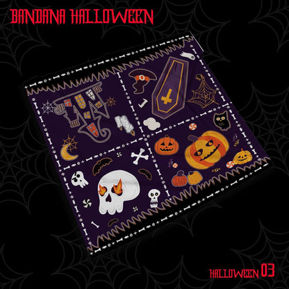 Halloween Bandana Scarf – Spooky Ghosts, Skulls, Pumpkins Print – Square Headband, Dog Scarf, Costume Accessory