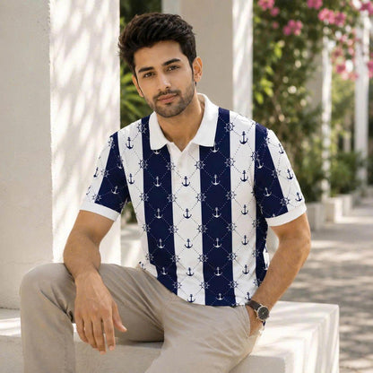 Men’s Nautical Anchor & Helm Polo Shirt – Navy Stripes, Coastal Vibes, Summer Casual Style