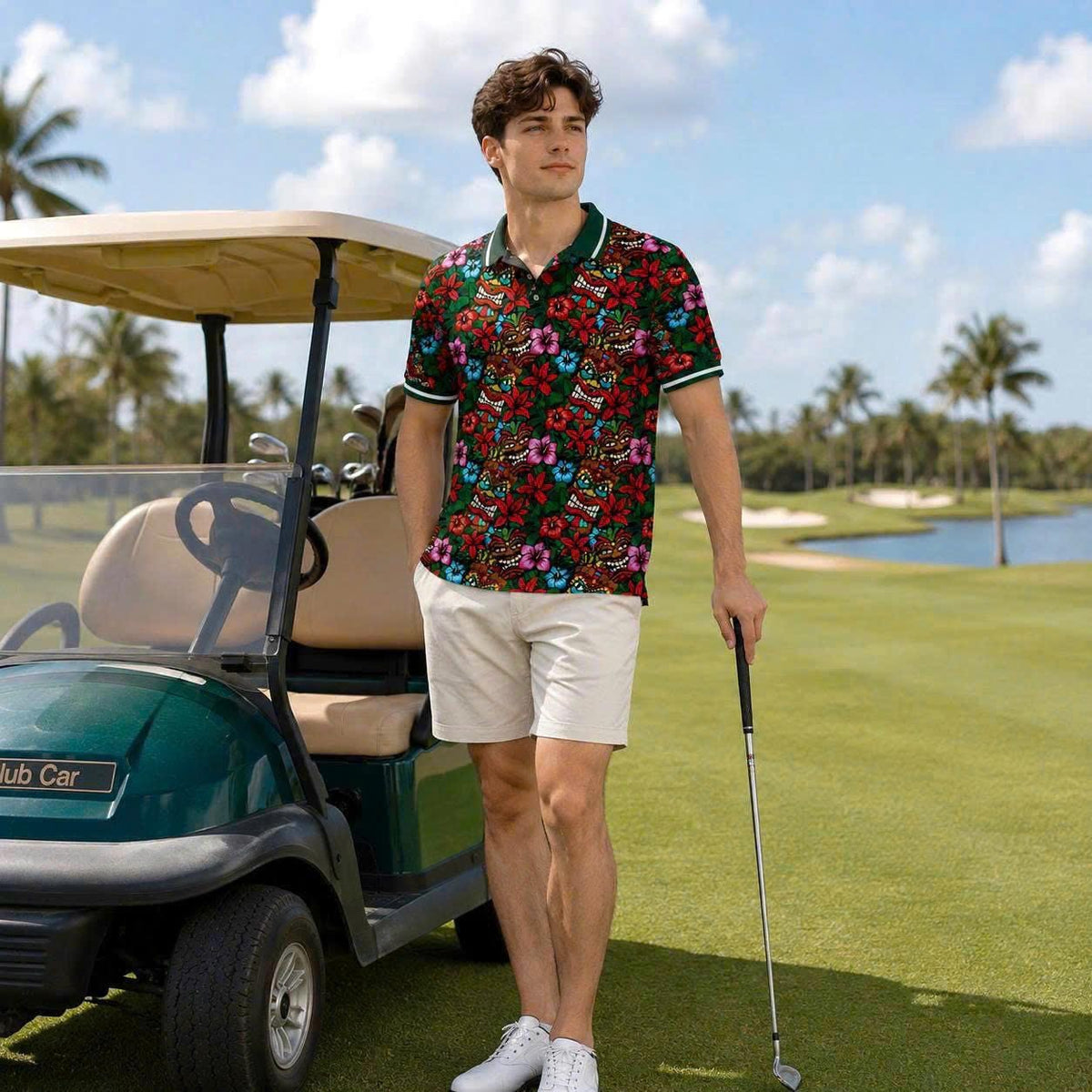 Tiki Mask Floral Polo Shirt, Hawaiian Hibiscus Print, Casual Short Sleeve Collared Shirt