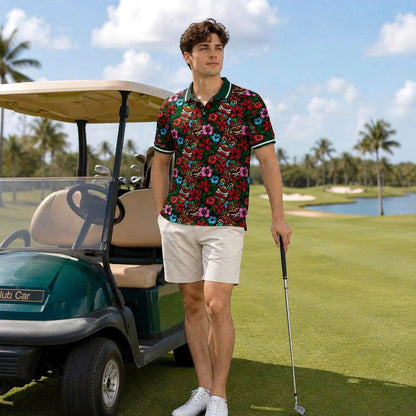 Tiki Mask Floral Polo Shirt, Hawaiian Hibiscus Print, Casual Short Sleeve Collared Shirt