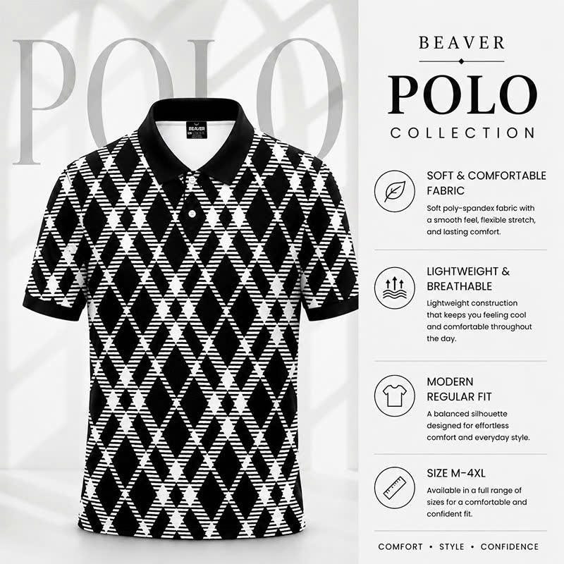Black & White Argyle Polo Shirt, Geometric Plaid Print, Casual Short Sleeve Collared Shirt