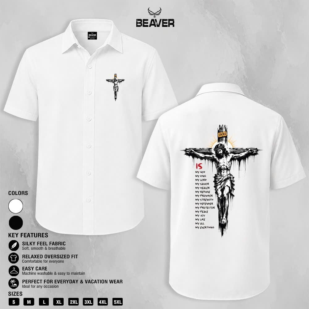 Crucifix Faith Graphic Button-Up Shirt, Religious Cross Print, Unisex Short Sleeve Shirt, Christian Gift