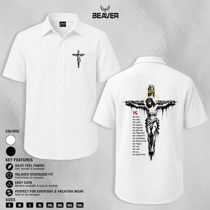 Crucifix Faith Graphic Button-Up Shirt, Religious Cross Print, Unisex Short Sleeve Shirt, Christian Gift