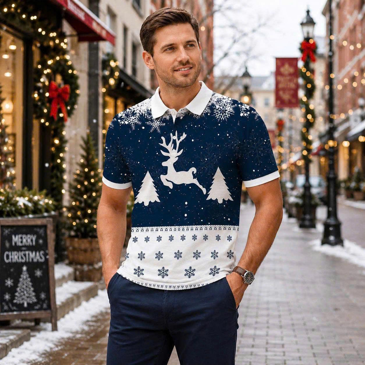 Men's Christmas Reindeer Polo Shirt, Blue Snowflake Holiday Tee
