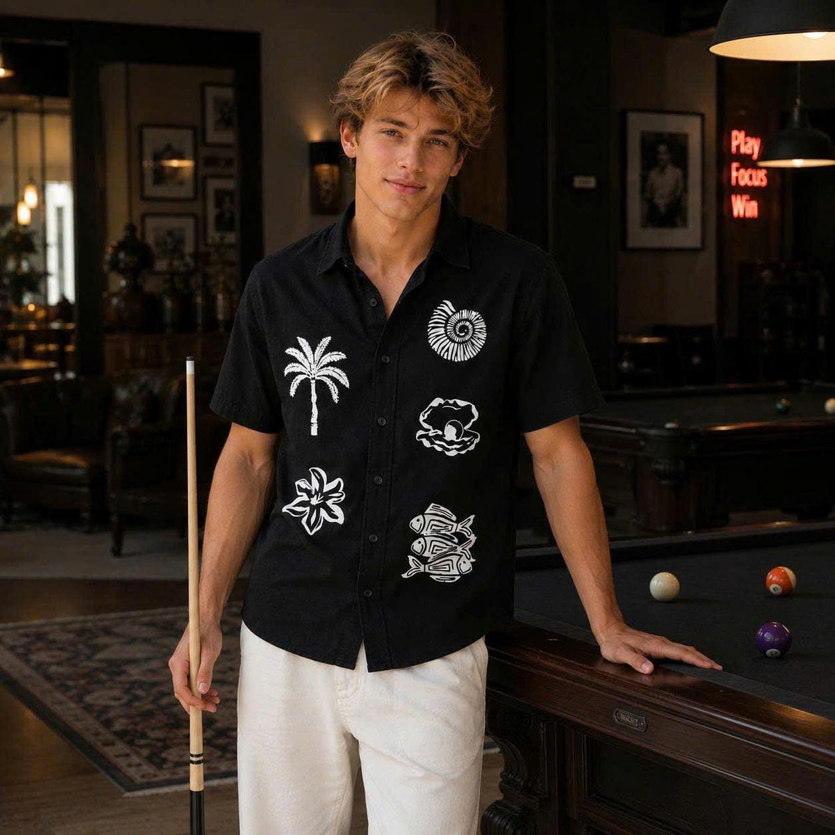 Tropical Ocean Graphic Shirt, Palm Tree Seashell Fish Print, Casual Short Sleeve Button Up