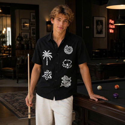 Tropical Ocean Graphic Shirt, Palm Tree Seashell Fish Print, Casual Short Sleeve Button Up