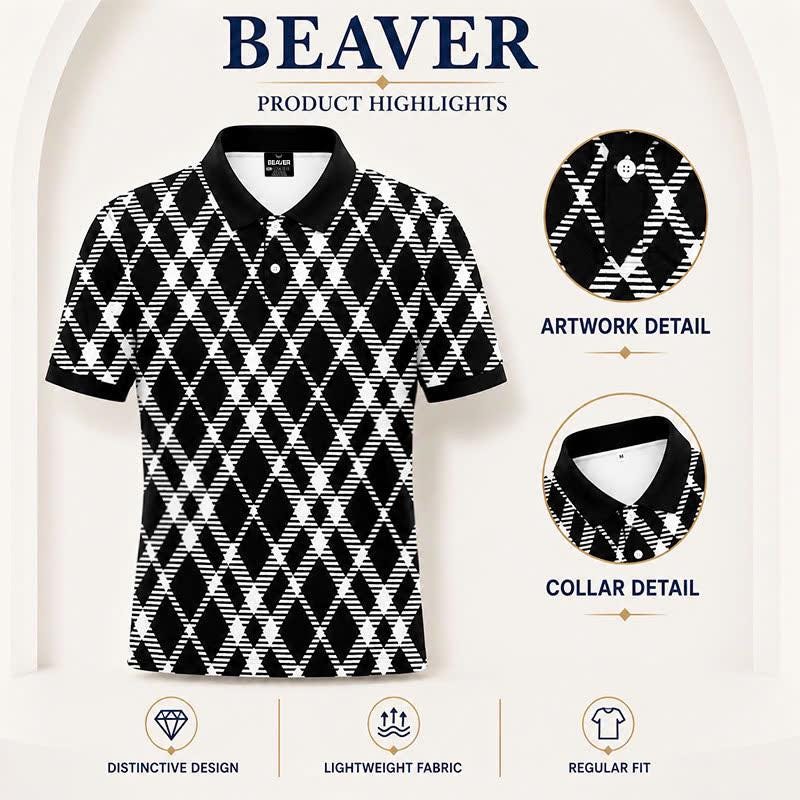 Black & White Argyle Polo Shirt, Geometric Plaid Print, Casual Short Sleeve Collared Shirt