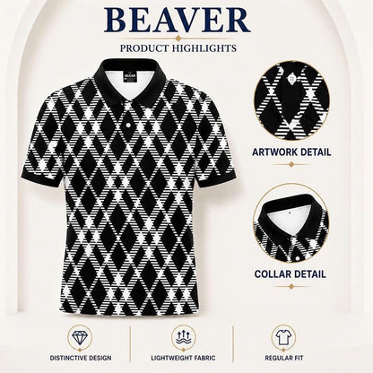 Black & White Argyle Polo Shirt, Geometric Plaid Print, Casual Short Sleeve Collared Shirt
